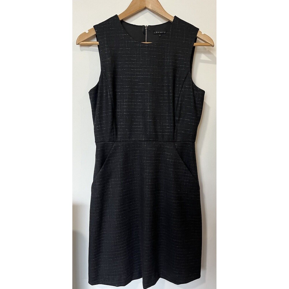 Theory Black Silver Square Print Front Pockets Sleeveless Mini Dress Siz…
